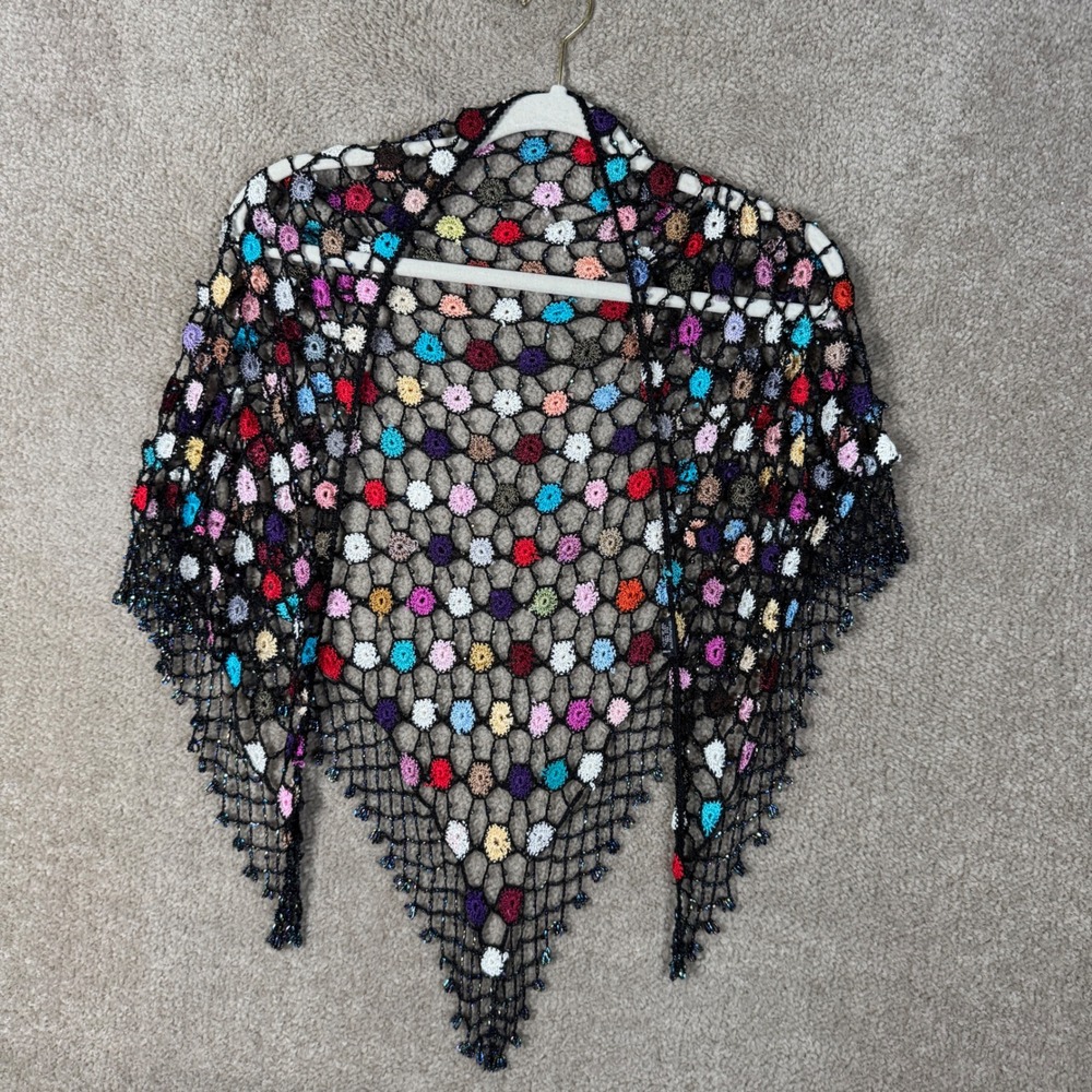 Artsy Crochet Shawl Women One Size Black Multi Color Beaded Fringe Boho Wrap - Picture 2 of 10